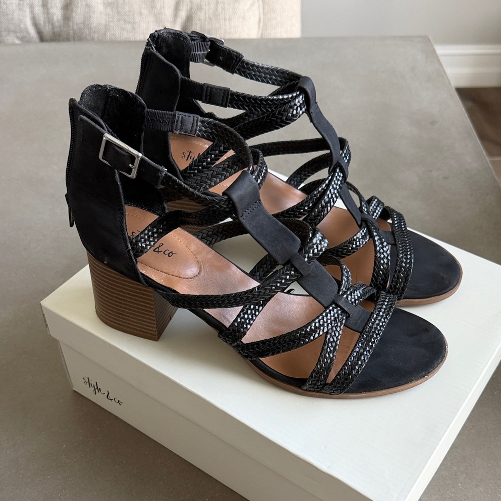 Style & Co. Black Strappy Block Heel Sandals